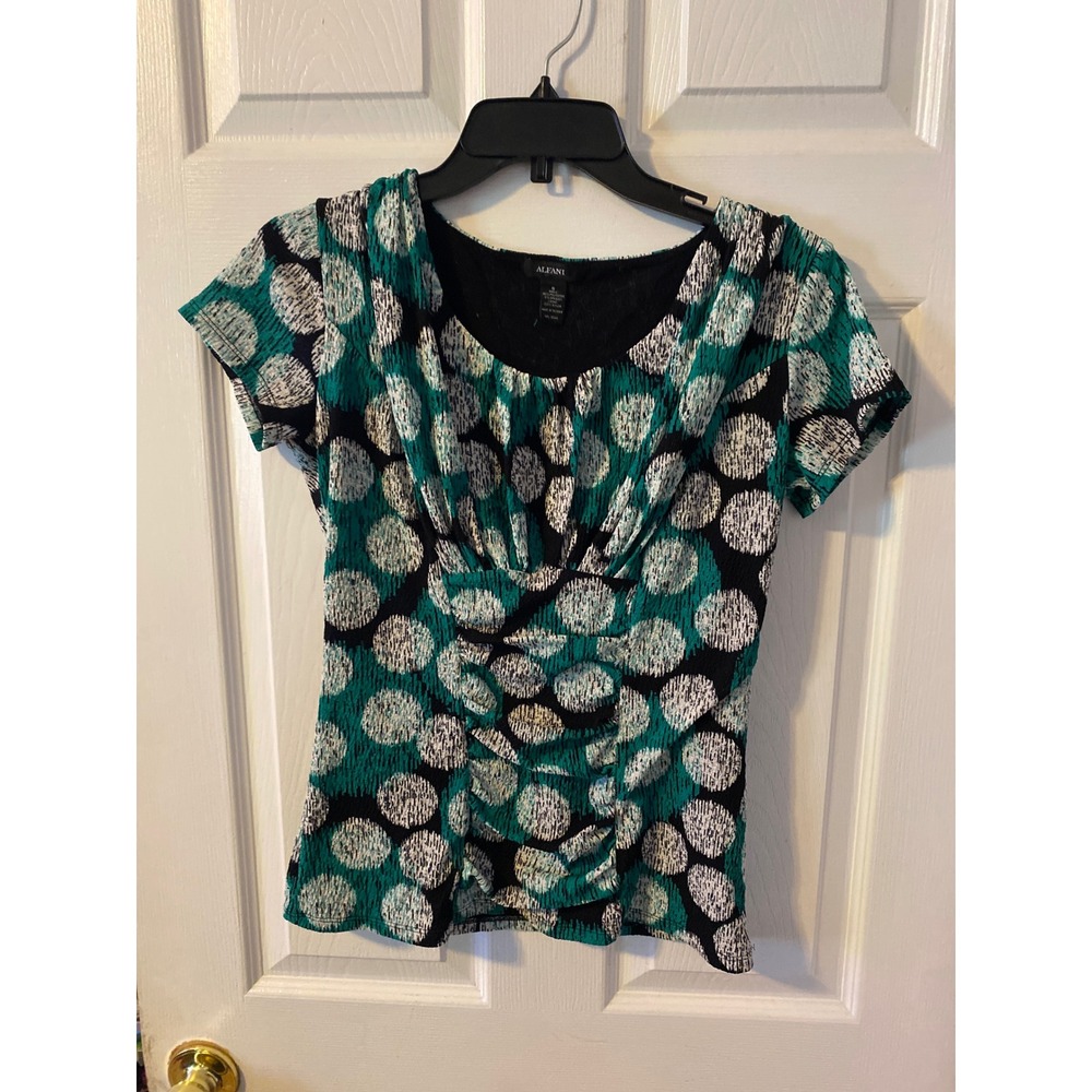 Alfani Womens Teal Black White Polka Dot Ruched Scoop Neck Blouse Top Small